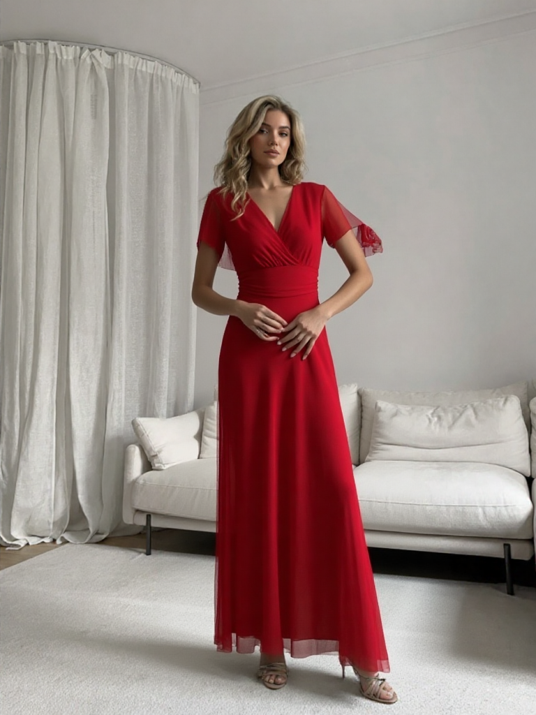 Emma Wu Design Vestido Largo 5029 Elegante Vestido Rojo de Tulle con Detalles en las Mangas para Mujer