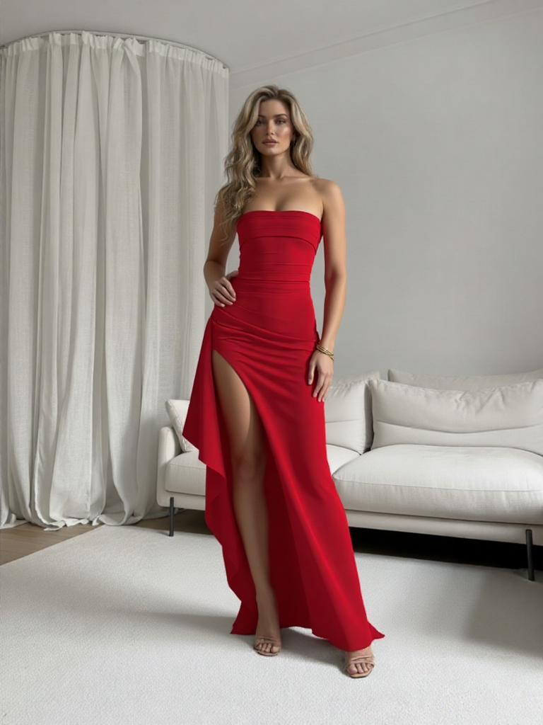 EMMA WU SELECTION Vestido Largo Color Sólido Rojo con Espalda Descubierta y Cintura Alta para Moda Noche y Fiesta