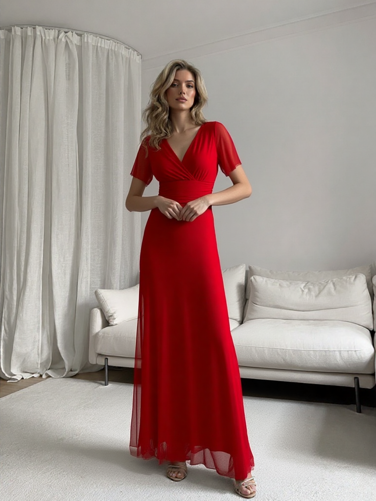 Emma Wu Design Vestido Largo 5029 Elegante Vestido Rojo de Tulle con Detalles en las Mangas para Mujer
