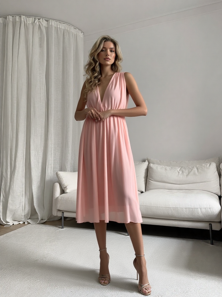 Emma Wu Design Vestido Midi 3873 en Gasà Color Rosa Claro sin Mangas para Mujer Elegante y Detallado