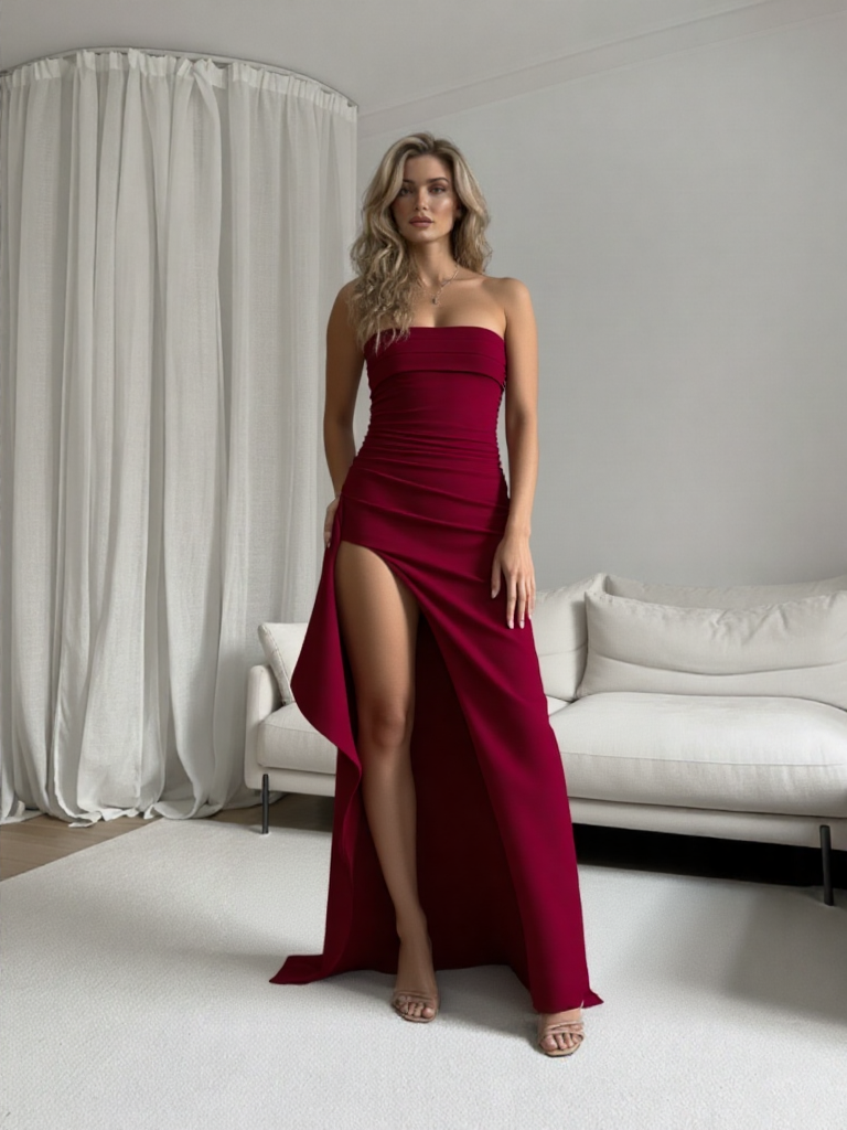 EMMA WU SELECTION Vestido Largo Color Sólido Rojo con Espalda Descubierta y Cintura Alta para Moda Noche y Fiesta