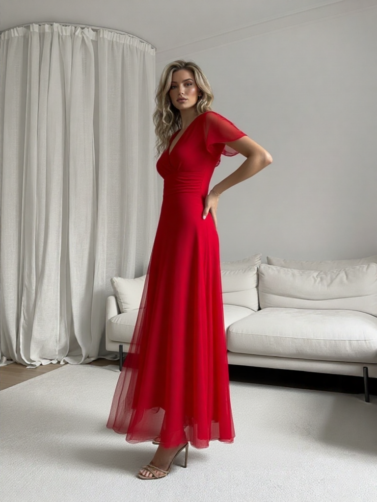 Emma Wu Design Vestido Largo 5029 Elegante Vestido Rojo de Tulle con Detalles en las Mangas para Mujer