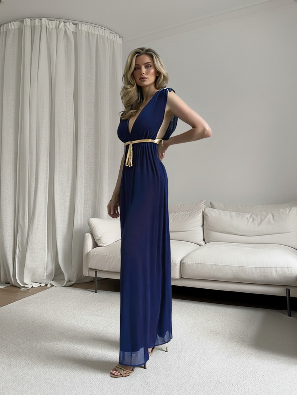 Emma Wu Design Vestido Largo 7296 en Gasa con Cinturón Dorado Elegante y Sofisticado para Mujer