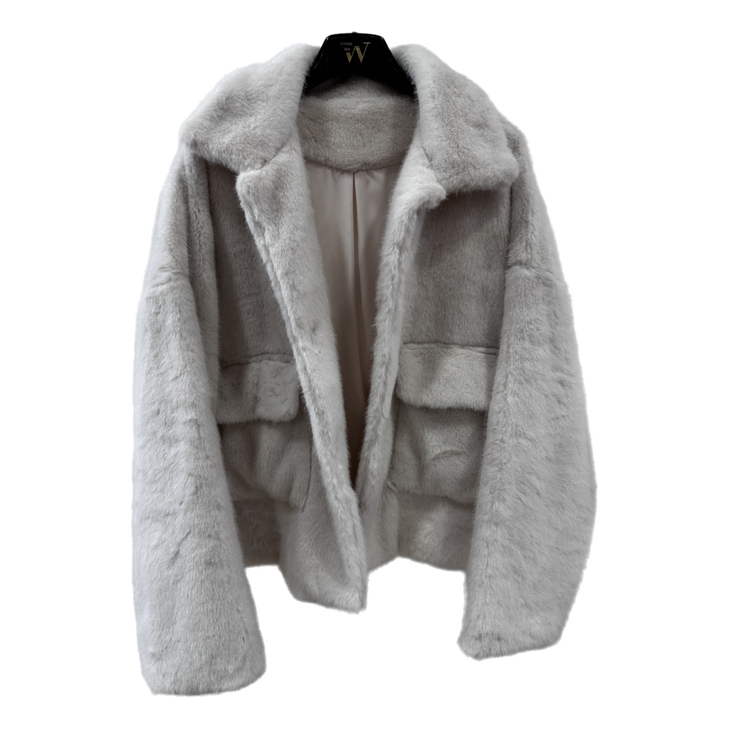 EMMA WU SELECTION Abrigo de felpa de manga larga con solapa suelta y botonadura sencilla para invierno, chaqueta corta de felpa para mujer