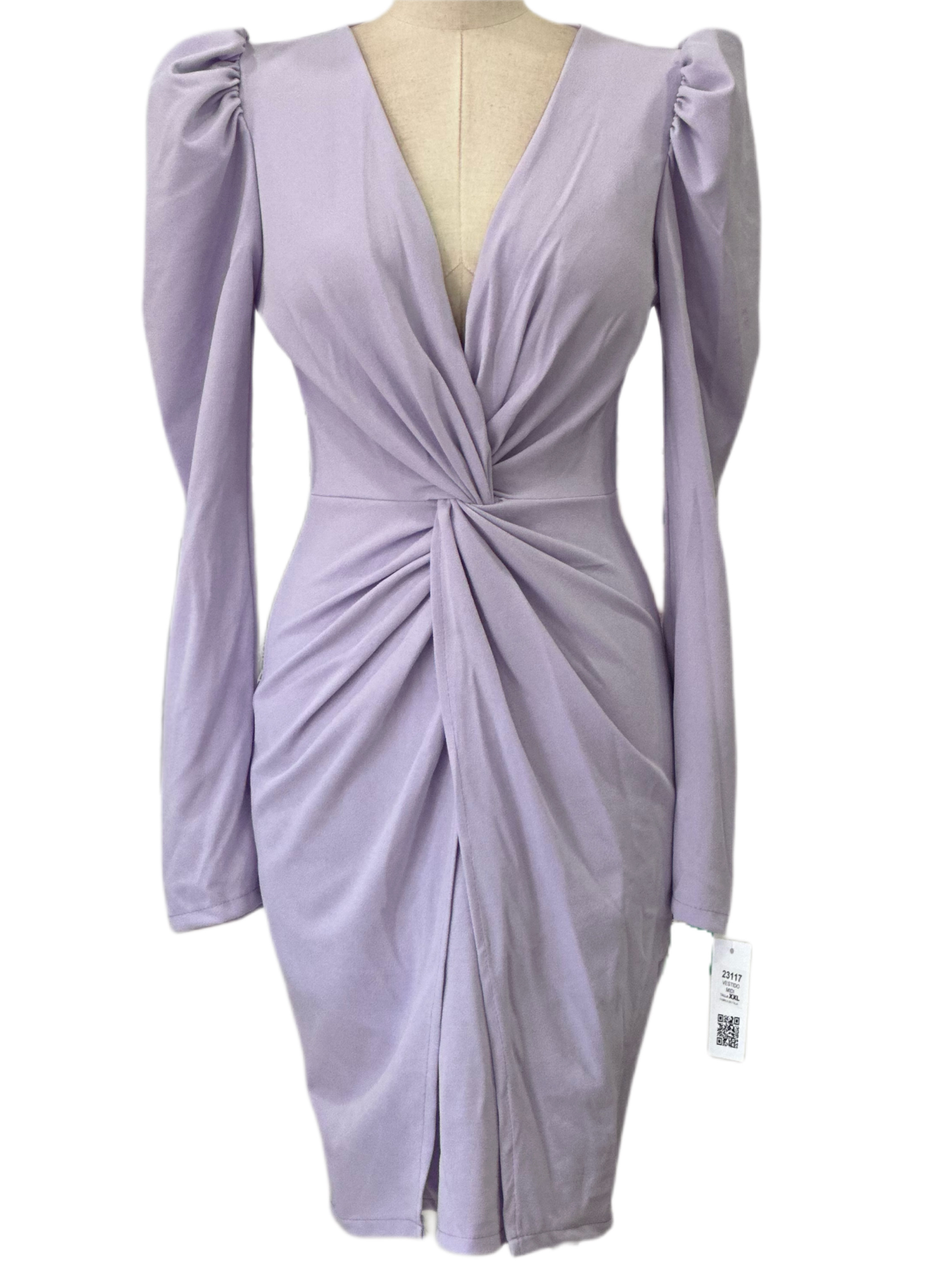 Emma Wu Design Vestido Midi 23117 en Crêpe Scuba con Lazos en Mangas y Corte Asimétrico Elegante y Versátil