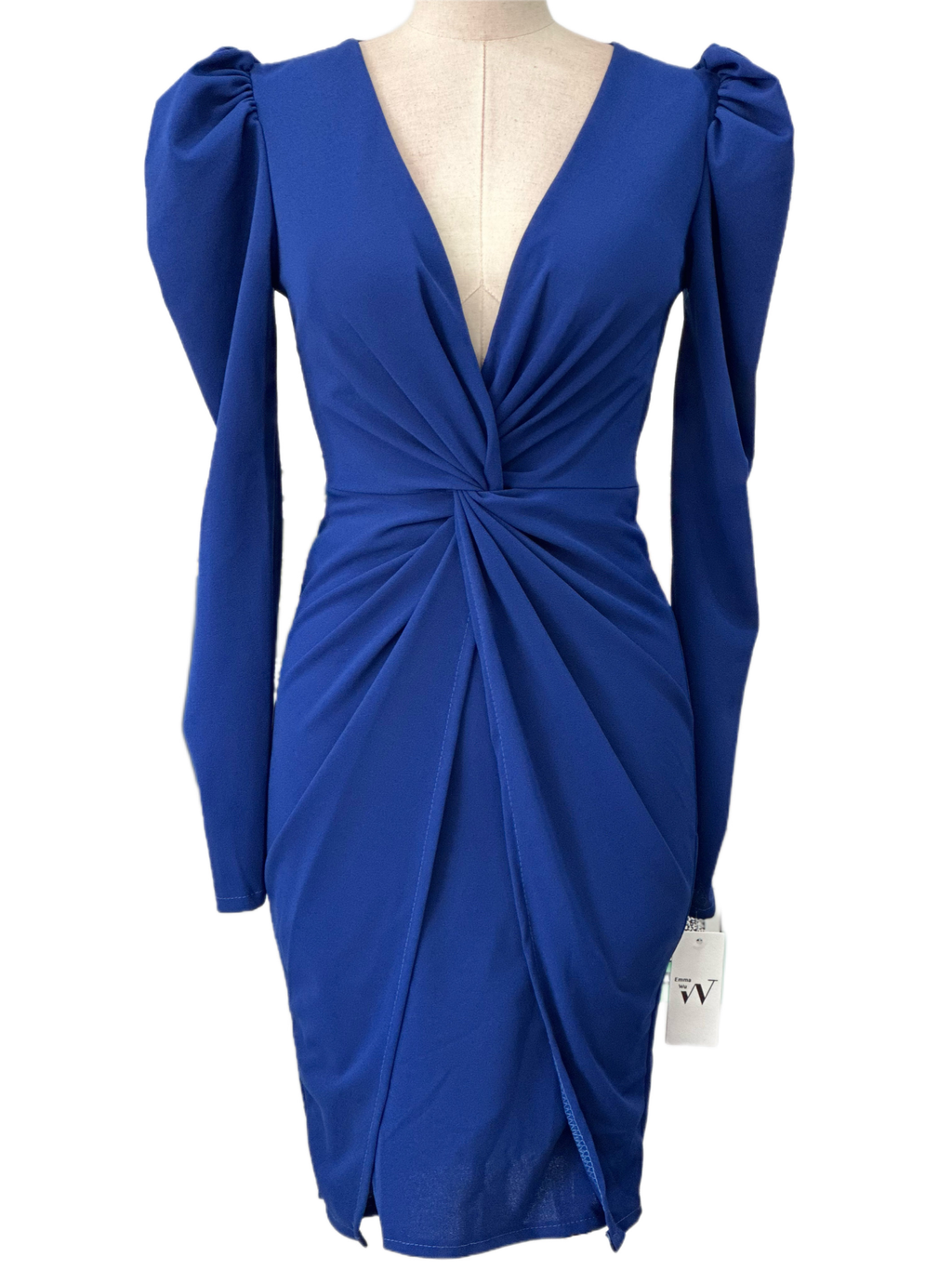 Emma Wu Design Vestido Midi 23117 en Crêpe Scuba con Lazos en Mangas y Corte Asimétrico Elegante y Versátil
