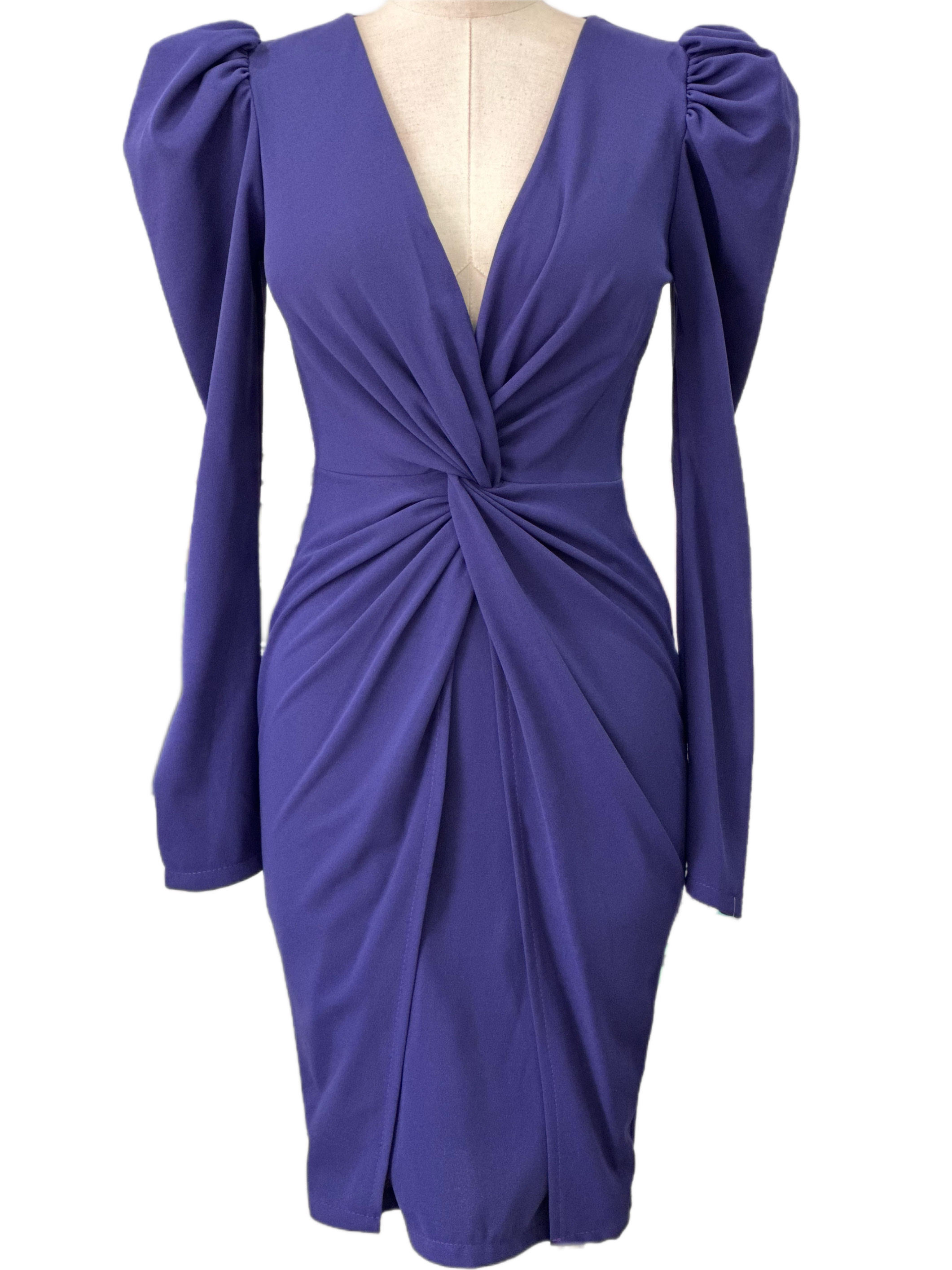 Emma Wu Design Vestido Midi 23117 en Crêpe Scuba con Lazos en Mangas y Corte Asimétrico Elegante y Versátil
