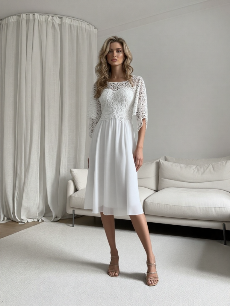 Emma Wu Design Vestido Midi 0625 Elegante Vestido Rosa con Detalles de Encaje en el Cuello y Mangas