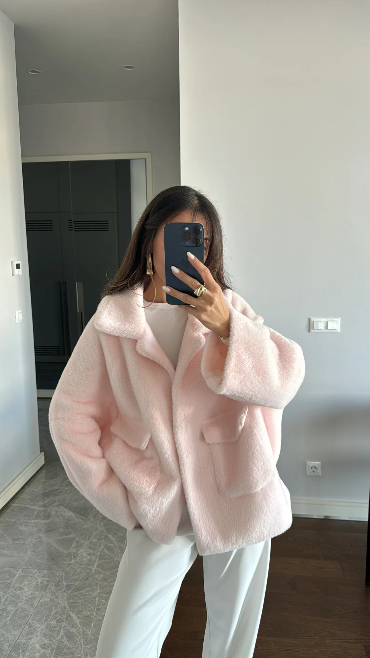 EMMA WU SELECTION Abrigo de felpa de manga larga con solapa suelta y botonadura sencilla para invierno, chaqueta corta de felpa para mujer