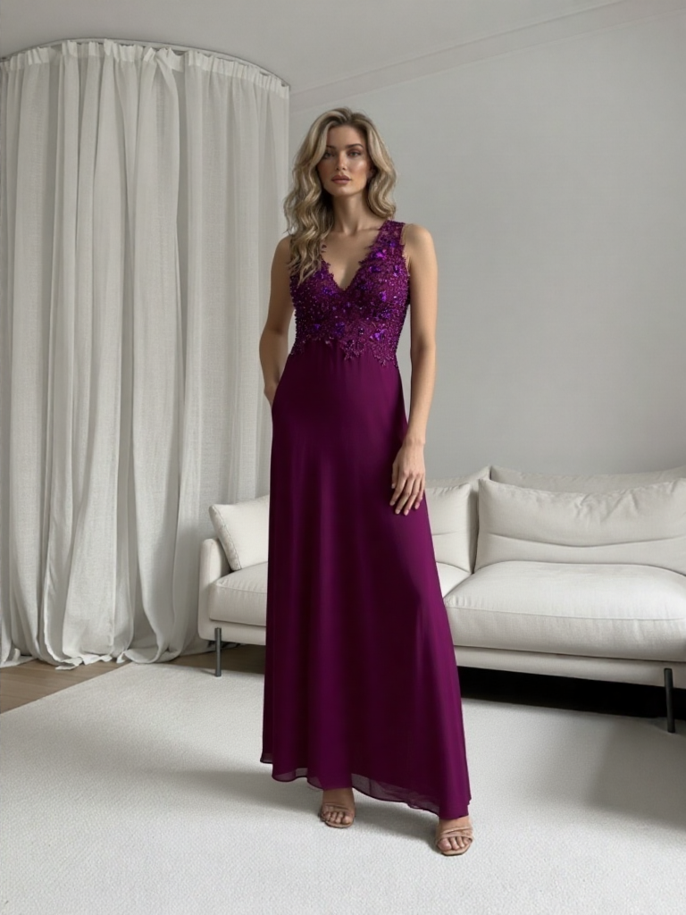 Emma Wu Design Vestido Largo 9118 Elegante Vestido de Fiesta Largo en 100% Poliéster Color Morado con Detalles Brillantes en la Parte Superior