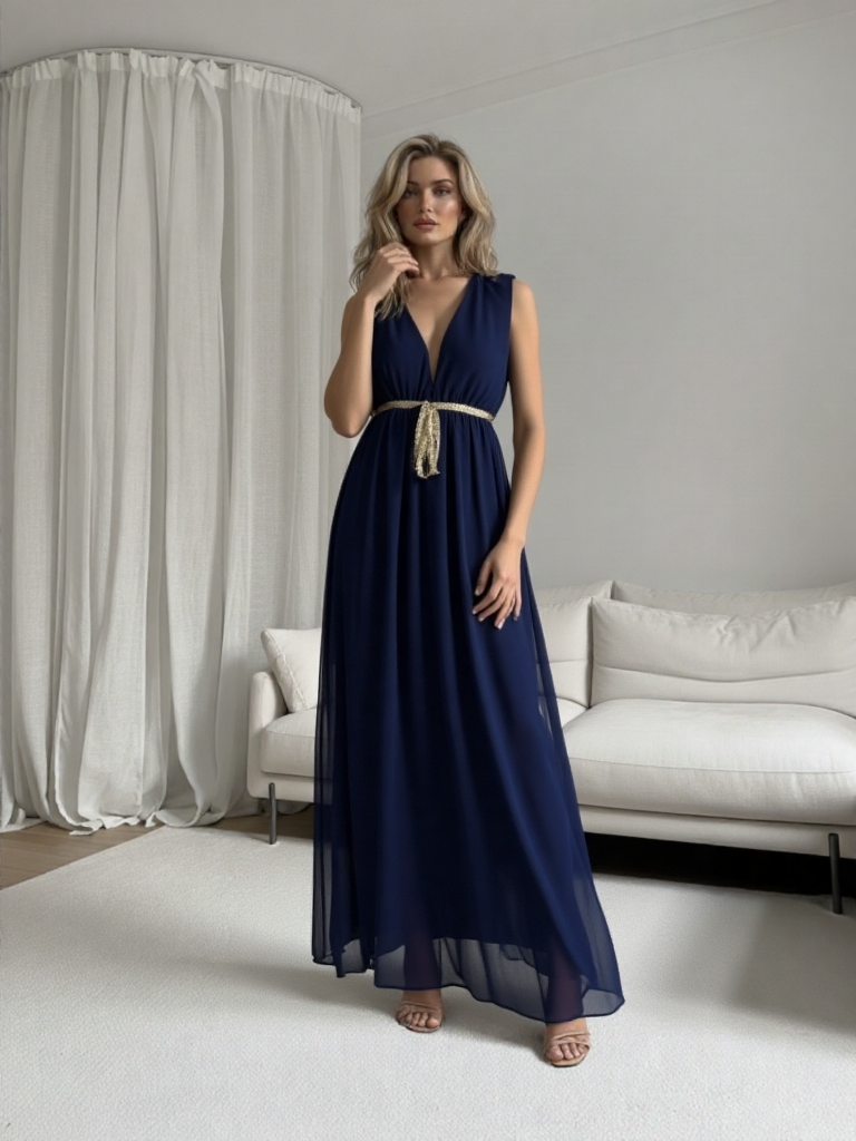 Emma Wu Design Vestido Largo 7296 en Gasa con Cinturón Dorado Elegante y Sofisticado para Mujer