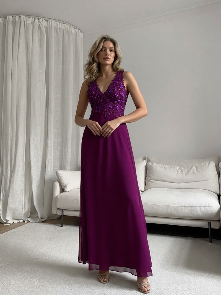 Emma Wu Design Vestido Largo 9118 Elegante Vestido de Fiesta Largo en 100% Poliéster Color Morado con Detalles Brillantes en la Parte Superior