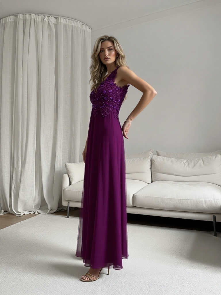 Emma Wu Design Vestido Largo 9118 Elegante Vestido de Fiesta Largo en 100% Poliéster Color Morado con Detalles Brillantes en la Parte Superior