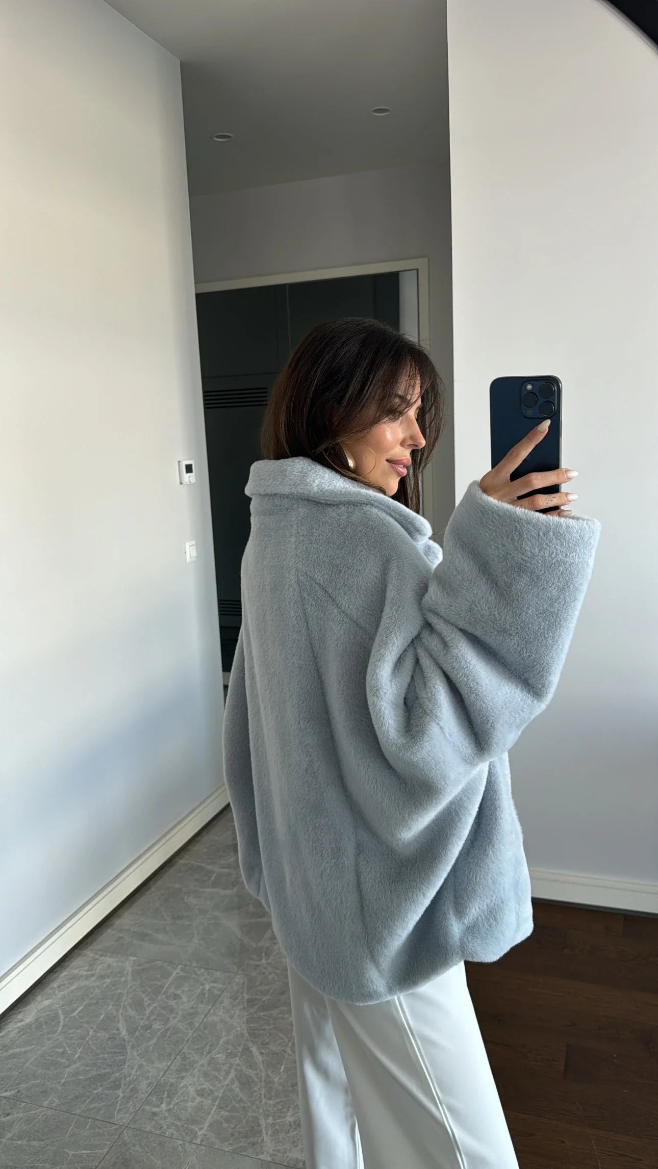 EMMA WU SELECTION Abrigo de felpa de manga larga con solapa suelta y botonadura sencilla para invierno, chaqueta corta de felpa para mujer