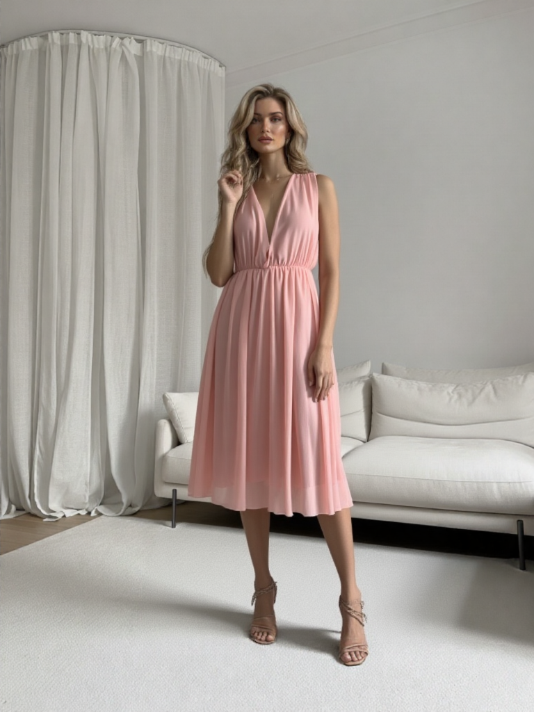 Emma Wu Design Vestido Midi 3873 en Gasà Color Rosa Claro sin Mangas para Mujer Elegante y Detallado